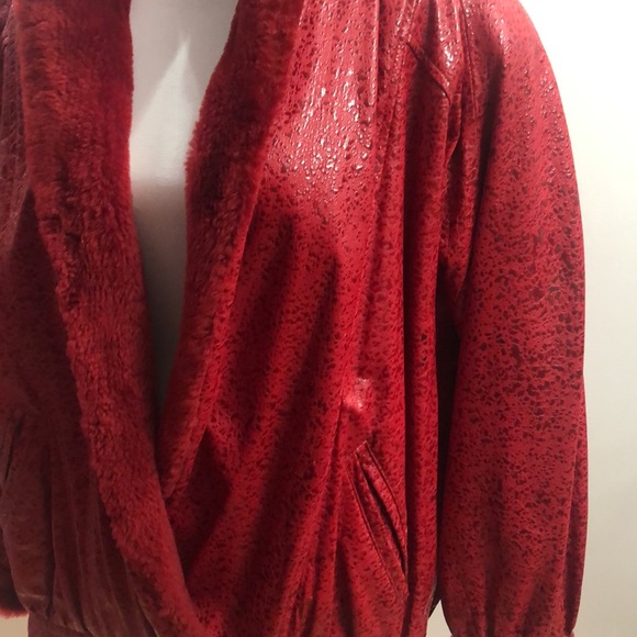 RED LEATHER Jacket lined with Red Rabbit Fur and Red Shearling Color - Picture 4 of 14
